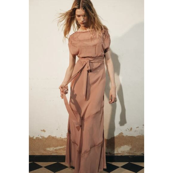 Zara Tan Lace Round Neckline Tie Waist Midi Dress Sheer Fully Lined Size Small - Picture 1 of 9
